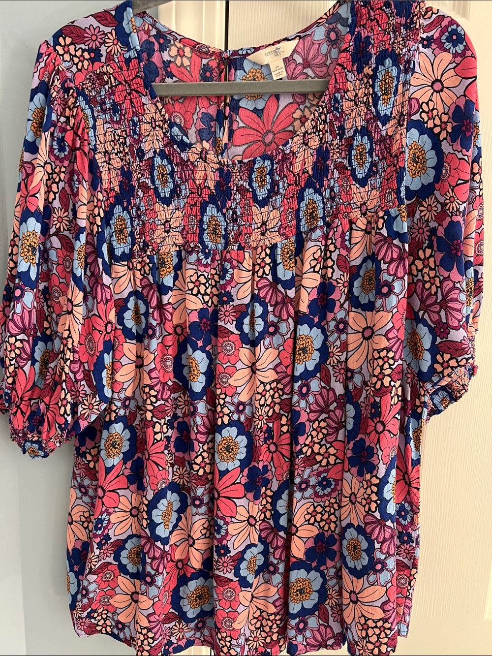 Terra & Sky Pink & Blue Floral Smocked Yoke Blouse